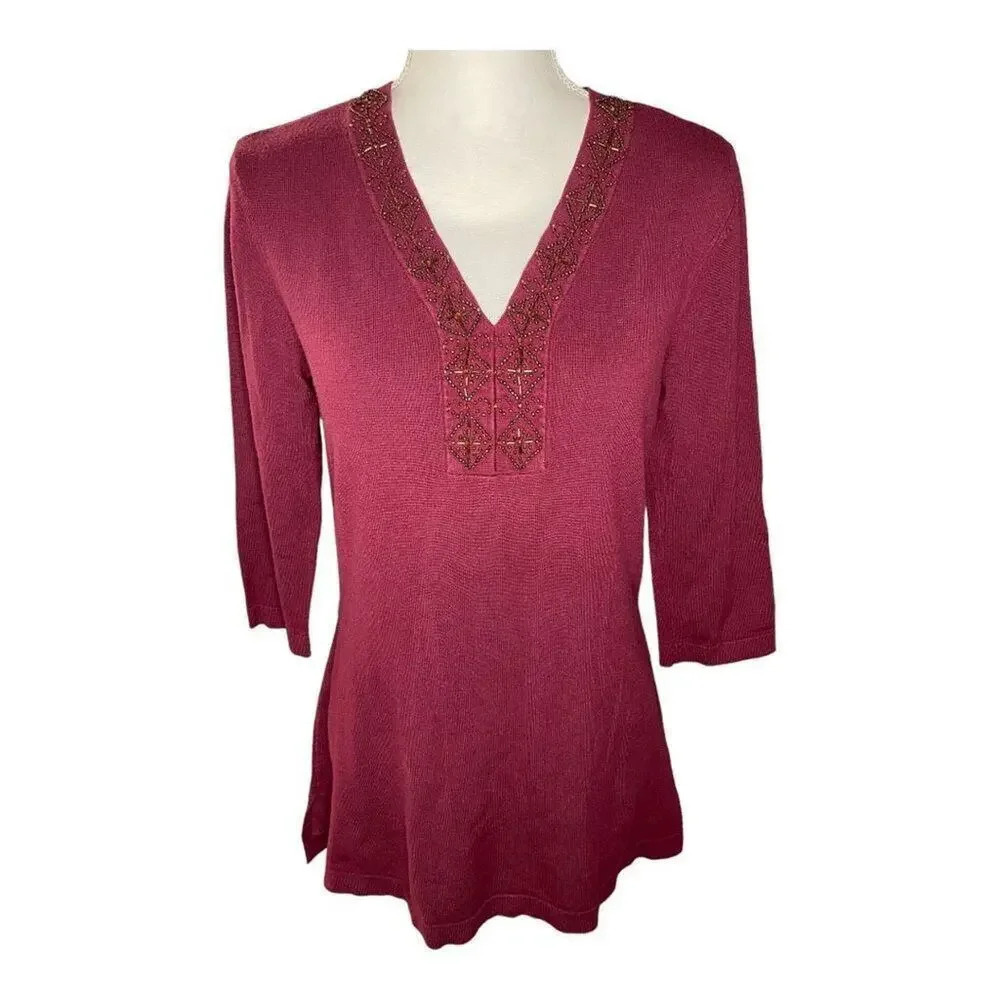 Style & Co.‎ Women’s Small Burgundy Embellished V-Neck 3/4 Sleeve Top